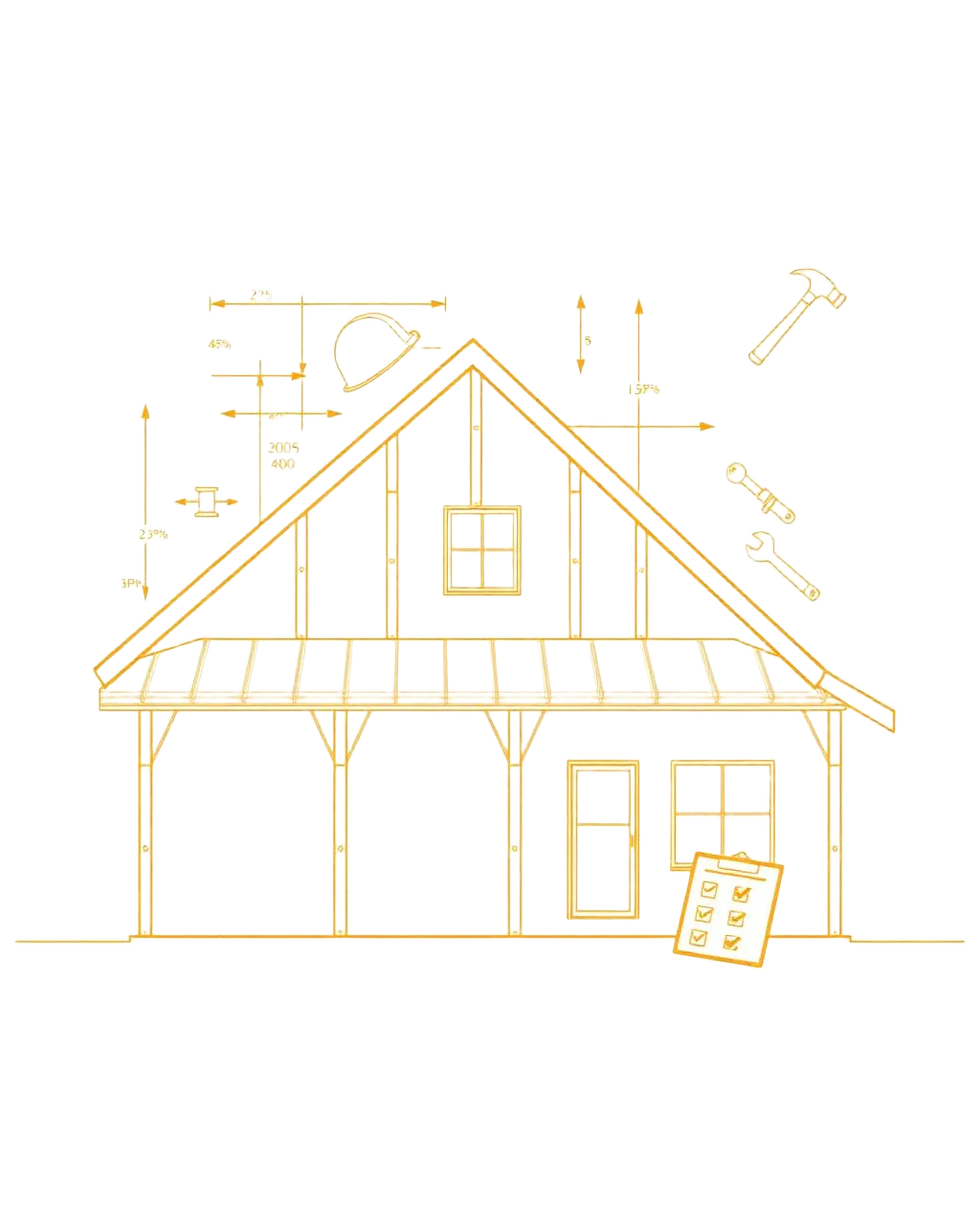 Blueprint of a house frame with a hard hat, hammer, wrench, and job checklist