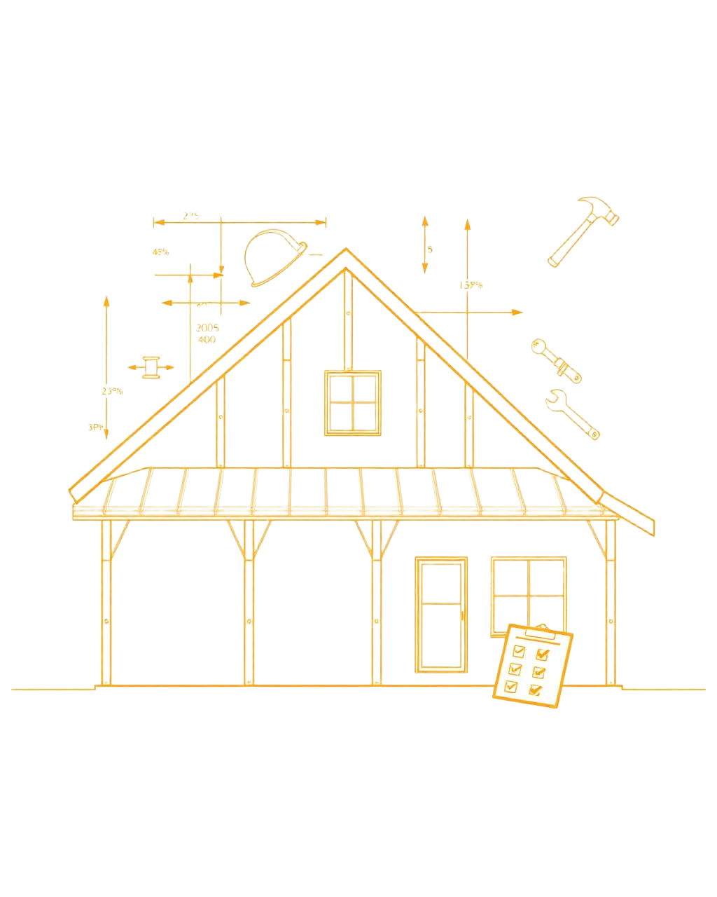 Blueprint of a house frame with a hard hat, hammer, wrench, and job checklist